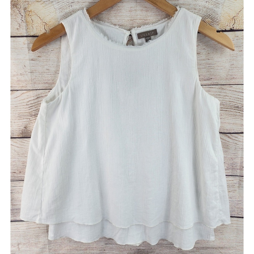 Lilla P Gauze Sleeveless Top Women's XS White Tiered Raw Hem Flowy Boho Chic